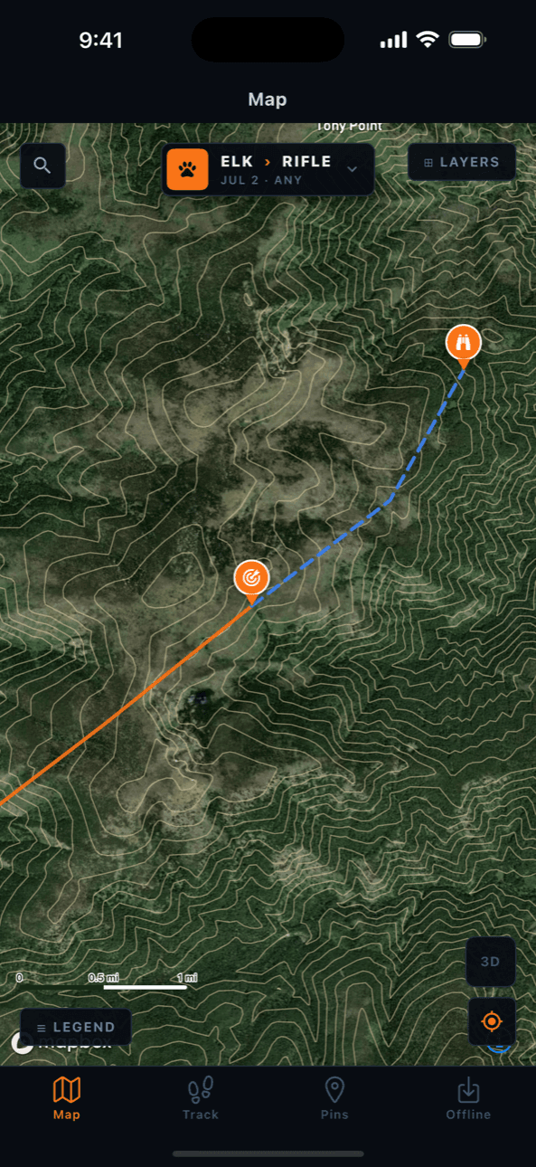 Pursuit map with pins and recorded tracks over hybrid satellite-contour terrain