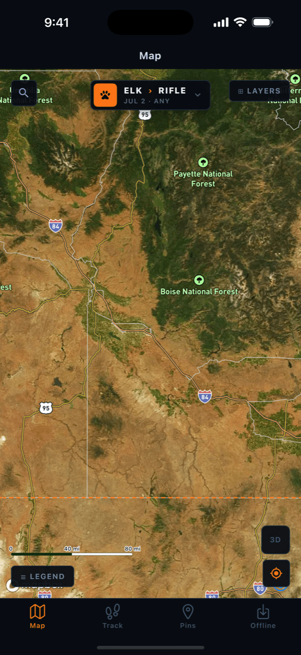 Satellite basemap with national forest labels and land ownership
