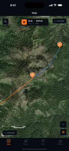 Pursuit map with pins and recorded tracks over hybrid satellite-contour terrain